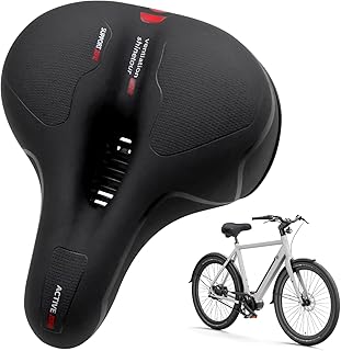 Sillín Bicicleta Muy Cómodo Hombre Mujer, Asiento Ancho con Amortiguador, Cuero Antideslizante en Panal y Canal de Ventilación para MTB, Urbana y Trekking, Negro Rojo