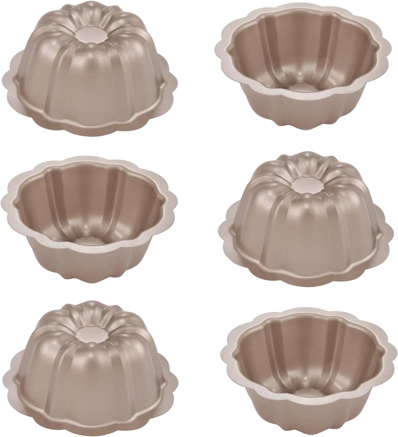 4 Inch Mini Fluted Cake Pan Set, 6 Pack Nonstick Small Buntz Baking Cup, Carbon Steel Round Pumpkin Cake Mold, Flower Shaped Cupcake Bakeware for Oven Baking for Making Jello,Chocoflan,Flan (Gold)