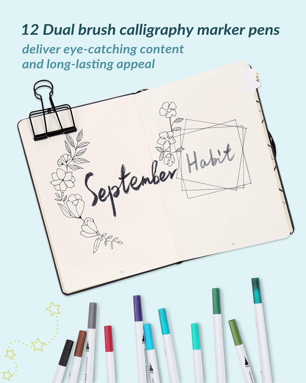 Cocopin Dotted Journal Set with A5 140GSM No-Bleed Notebook, 15 Stencils, 12 Markers, 10 Roll Washi Tapes, Scissor, Organizer Bag and More, Journaling Kit for Diary Schedule -Black