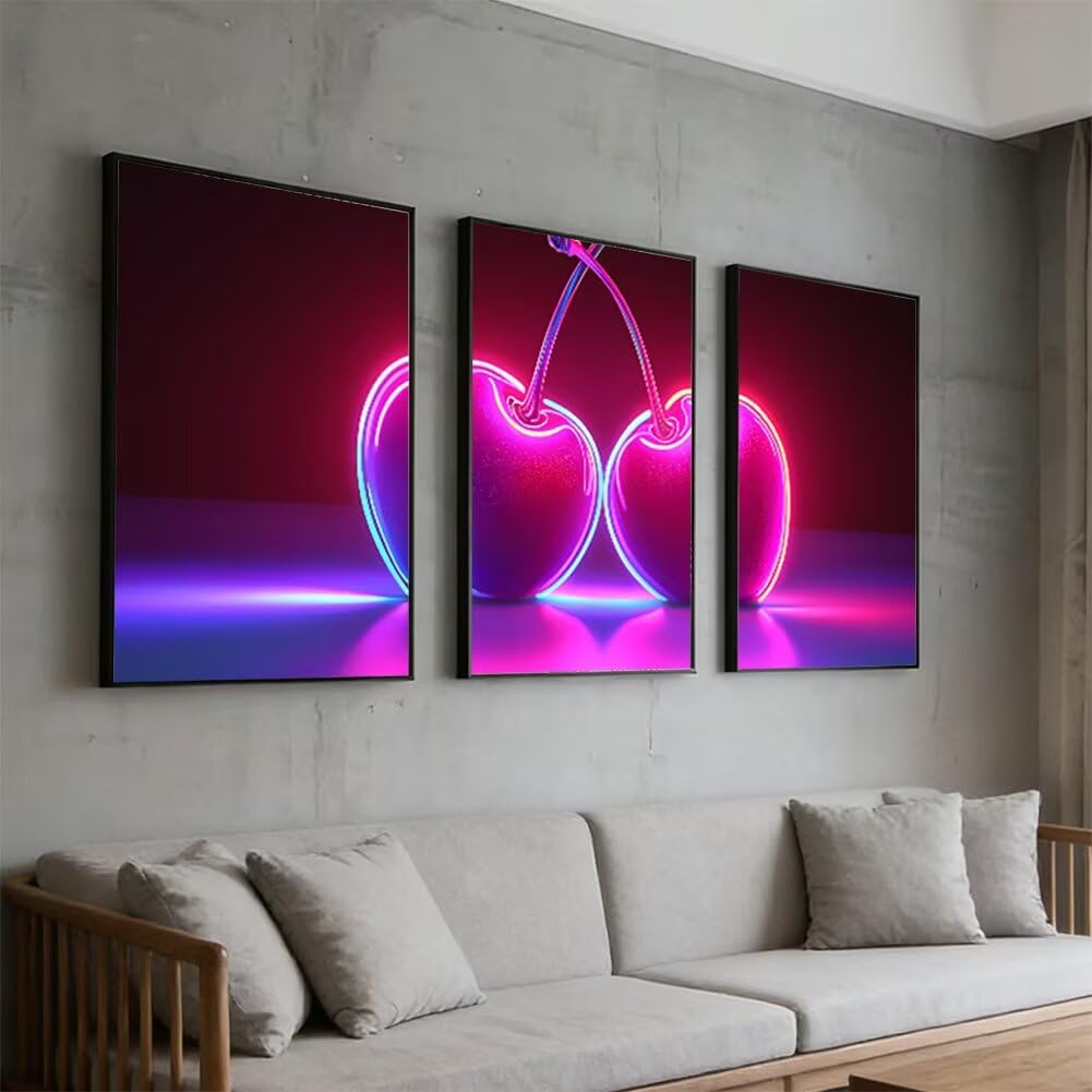 Wandbilder Kirsche 60x80cm, 3Pcs Leinwand Bilder Groß Wanddeko Wohnzimmer, Modern Leinwand Bilder mit Rahmen, Moderne Wandbilder Wohnzimmer Poster Set mit Haken, Wand Deko Schlafzimmer Poster, -2226