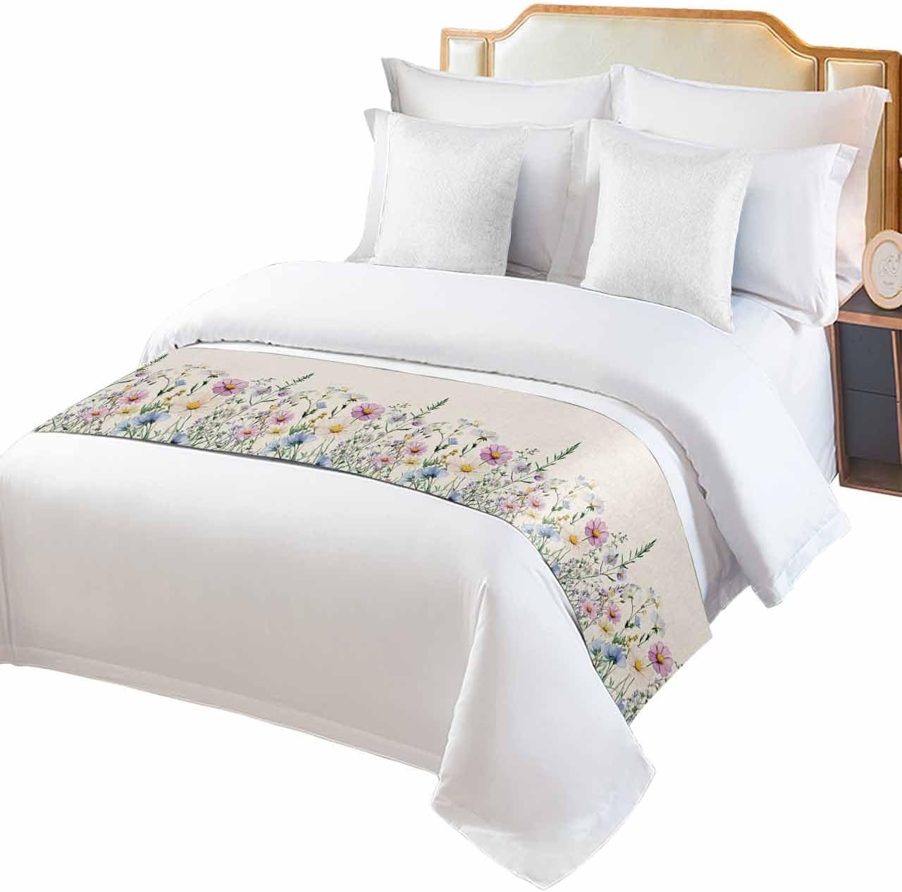 Watercolor Natural Blossom Floral Bed Runners for Bedroom Hotel,Decorative Bedding Scarf Garden Flower on Linen Bed End Blanket Bedding Runner Scarves for Queen Size Bed,94x20in