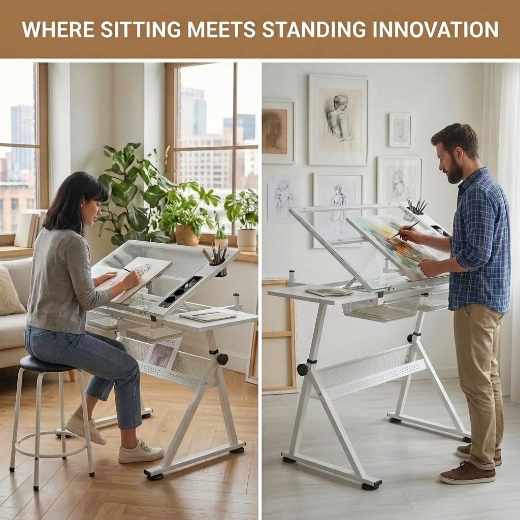 Art Table Art Desk Drafting Table - Height Adjustable Glass Drawing Table with Metal Drawers & Stool, Professional Artist Workstation for Painting, Sketching & Office Home Studio(White)