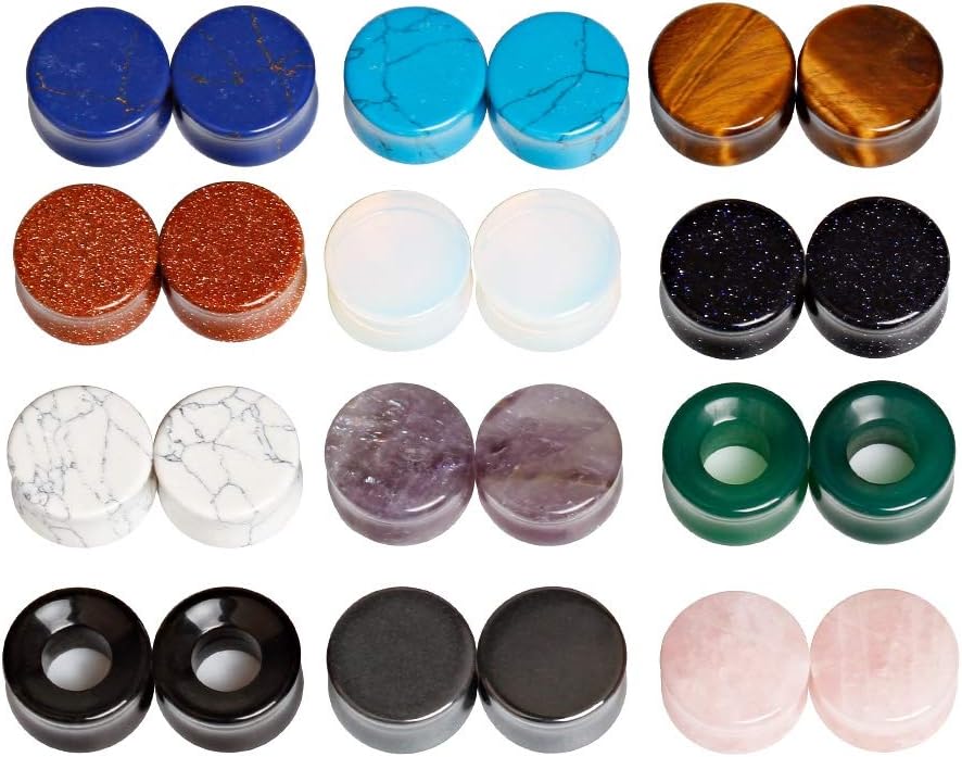 TBOSEN 24 pcs Mixed Stone Ear Plugs Tunnels Double Flare Saddle Stretching Gauges Expander Body Piercing Set Gauge 2g - 5/8 inch
