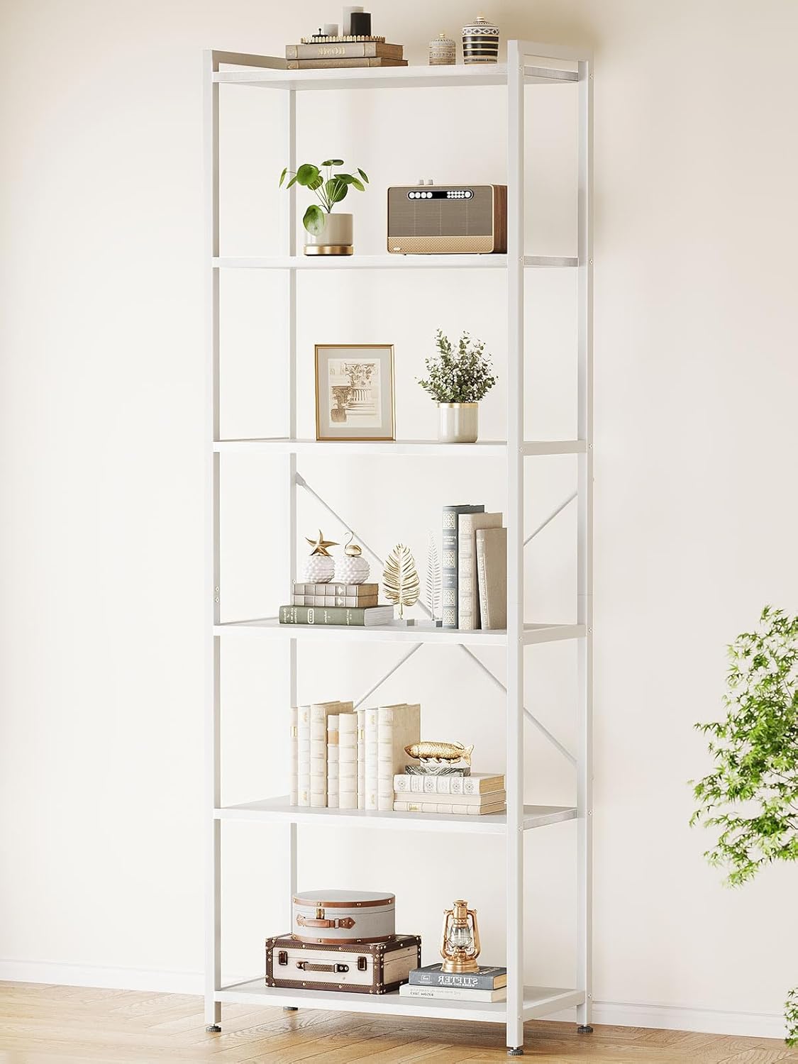 Casaottima Book Shelf, 6 Tier Tall Bookshelf, Modern Wood Bookcase Shelves for Bedroom, Industrial Display Shelf for Living Room Home Office Kitchen, Standing Shelving Unit Storage Organizer, White