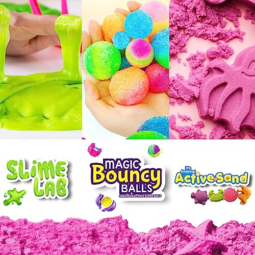 Image of Wembley 3-in-1 Creative Activity Kit for Kids - Slime Lab Set, Sand Art Kit & Magic Bouncy Ball DIY Craft Box | Indoor Play & Learning Toy