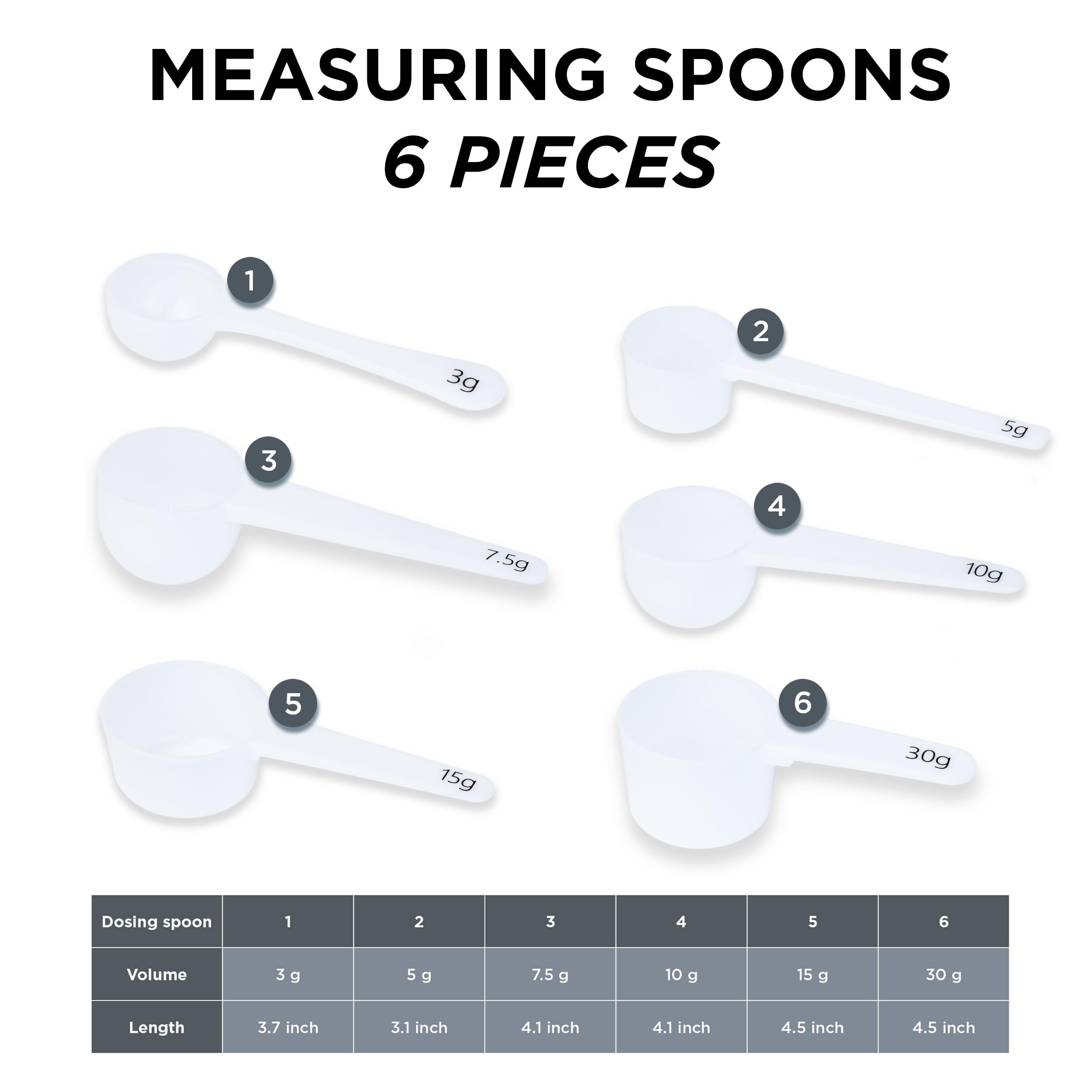 Measure spoons | measuring spoons set of 6 | exact dosing 3 gram scoop, 5 gram scoop, 7,5g, 10g, 15g, 30g | kitchen measuring set for powder and liquids | plastic medicine spoon and cups
