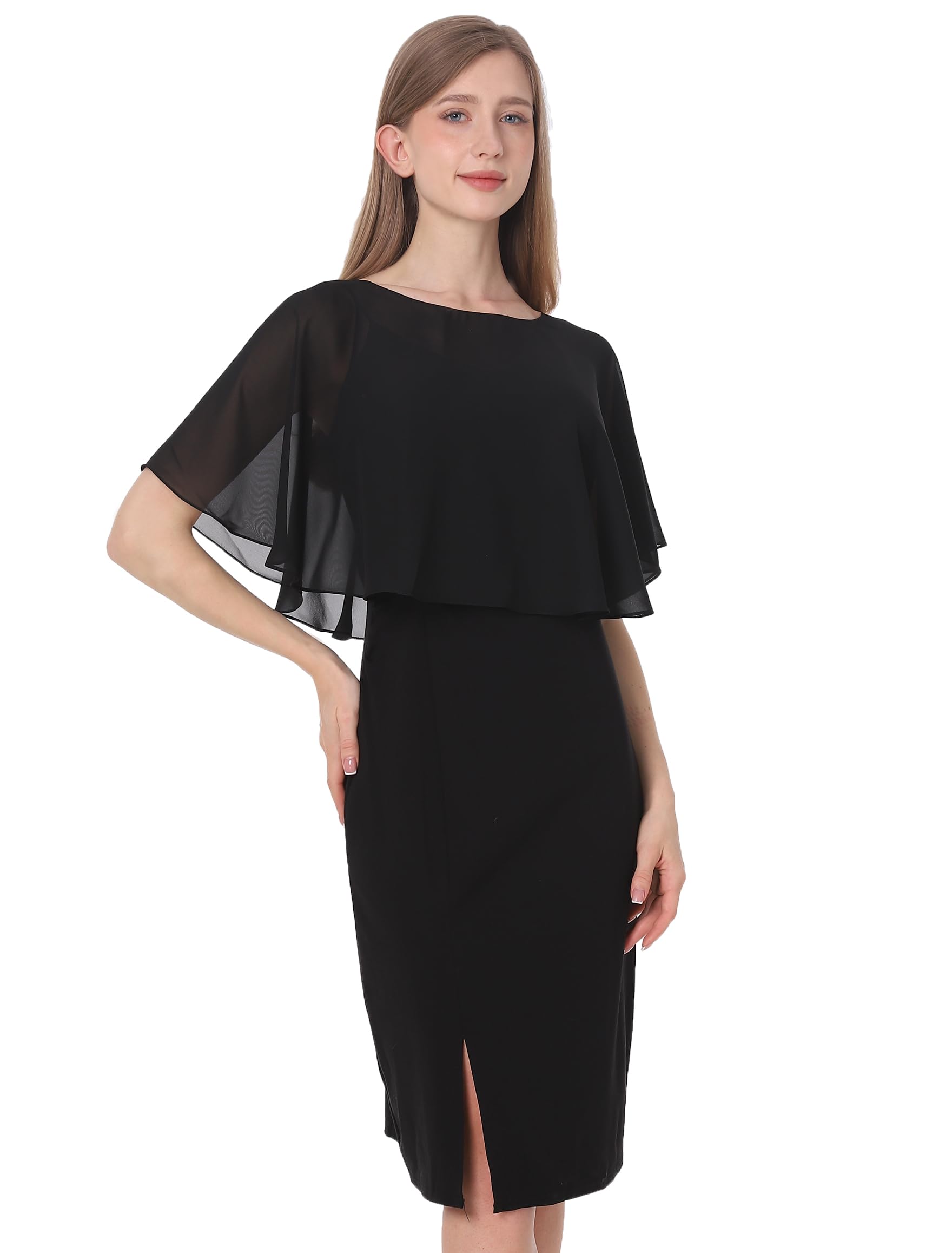 Baoqiya Wedding Capes Bridal Capelet Chiffon Lace Shrug Shawls and Wraps for Evening Dress, Black, One Size