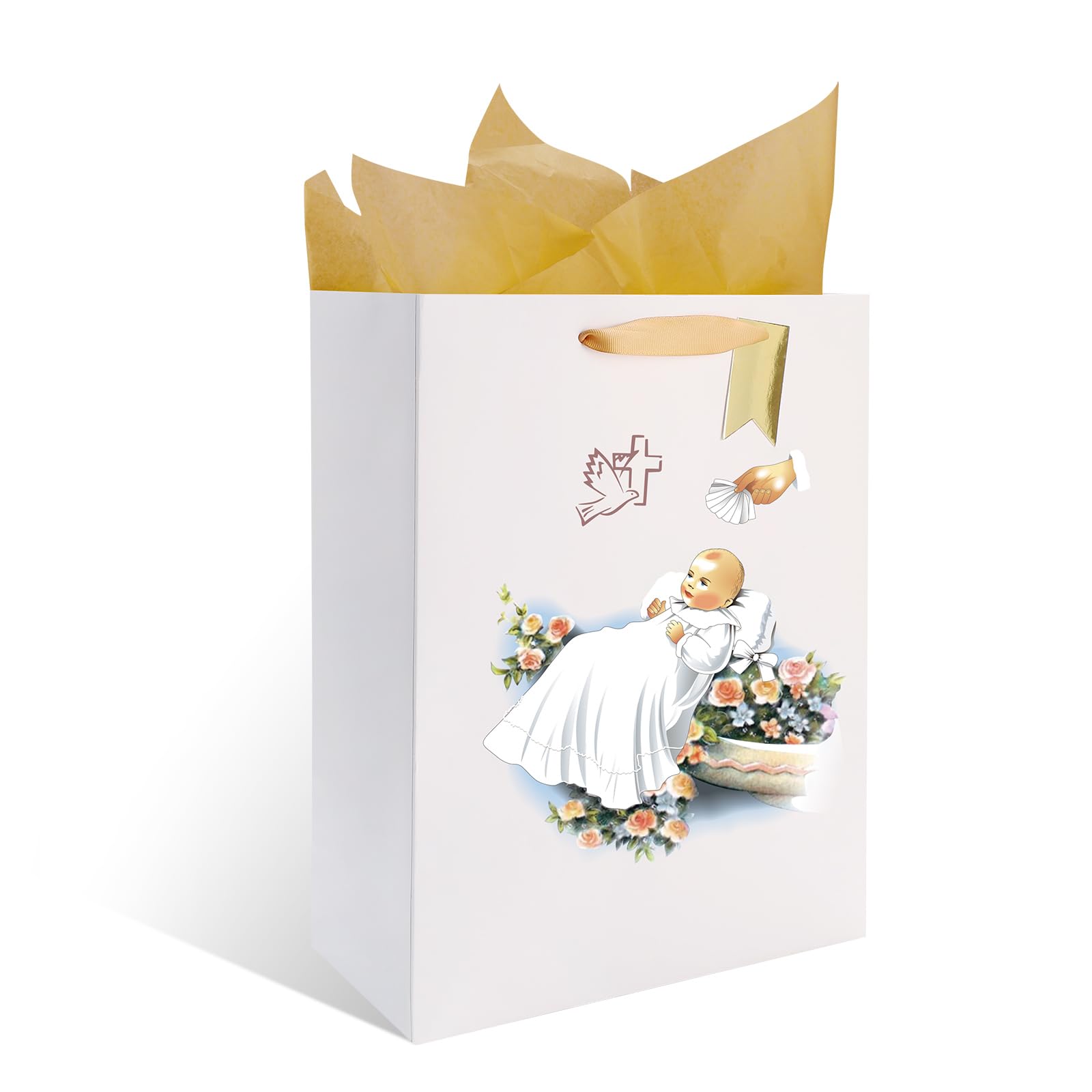 reviamz White Gift Bag Holy Spirit Design with Tissue Paper for Baby Boy and Girl Baptisms,Christenings,Baby Shower,First Communions Dedication Gifts for Religious Catholic Occasion- 10" x 5" x 13"