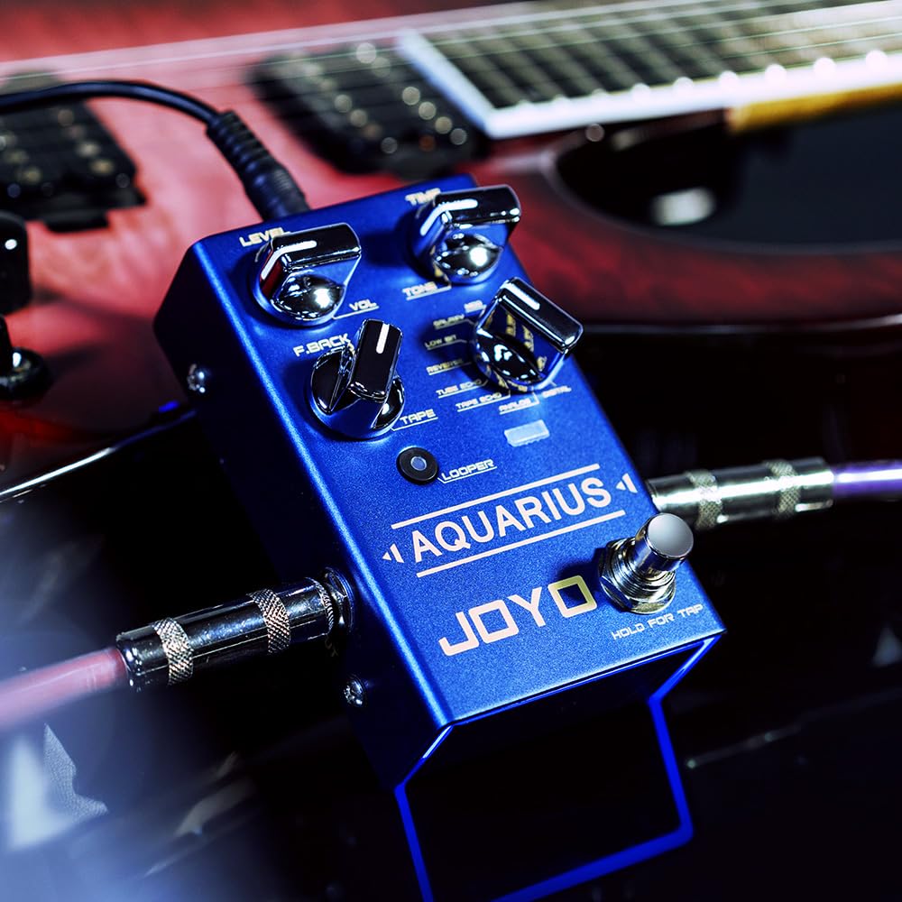 JOYO Pédale d'effet Delay multi-mode & Looper, 8 effets dont Galaxy/Tape Echo avec Tap Tempo et boucle de 5 min, Bypass (Aquarius R-07)