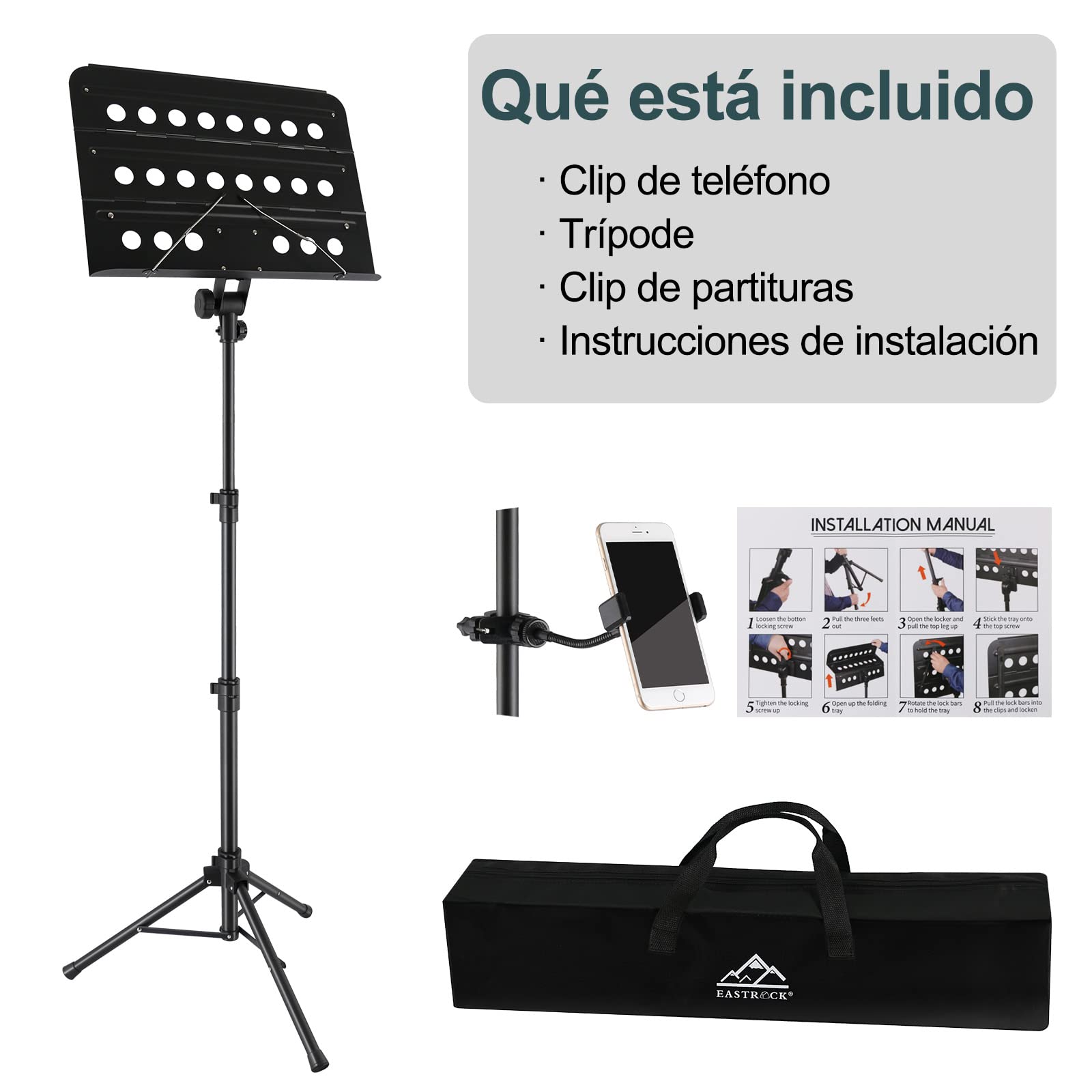 EASTROCK Atril Musica Extensible & Atril Sobremesa 2-EN-1 Ajustable de 106-180cm Soporte para Partituras Plegable con Soporte para Teléfono Móvil