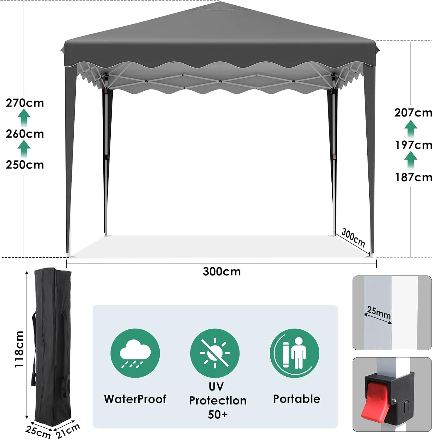 Housse de tonnelle pliable 3 x 3 cm, imperméable, stable, résistante au froid, en tissu Oxford 420D, protection UV 50+, housse de tonnelle de jardin, housse de tonnelle de camping, pliable (gris)