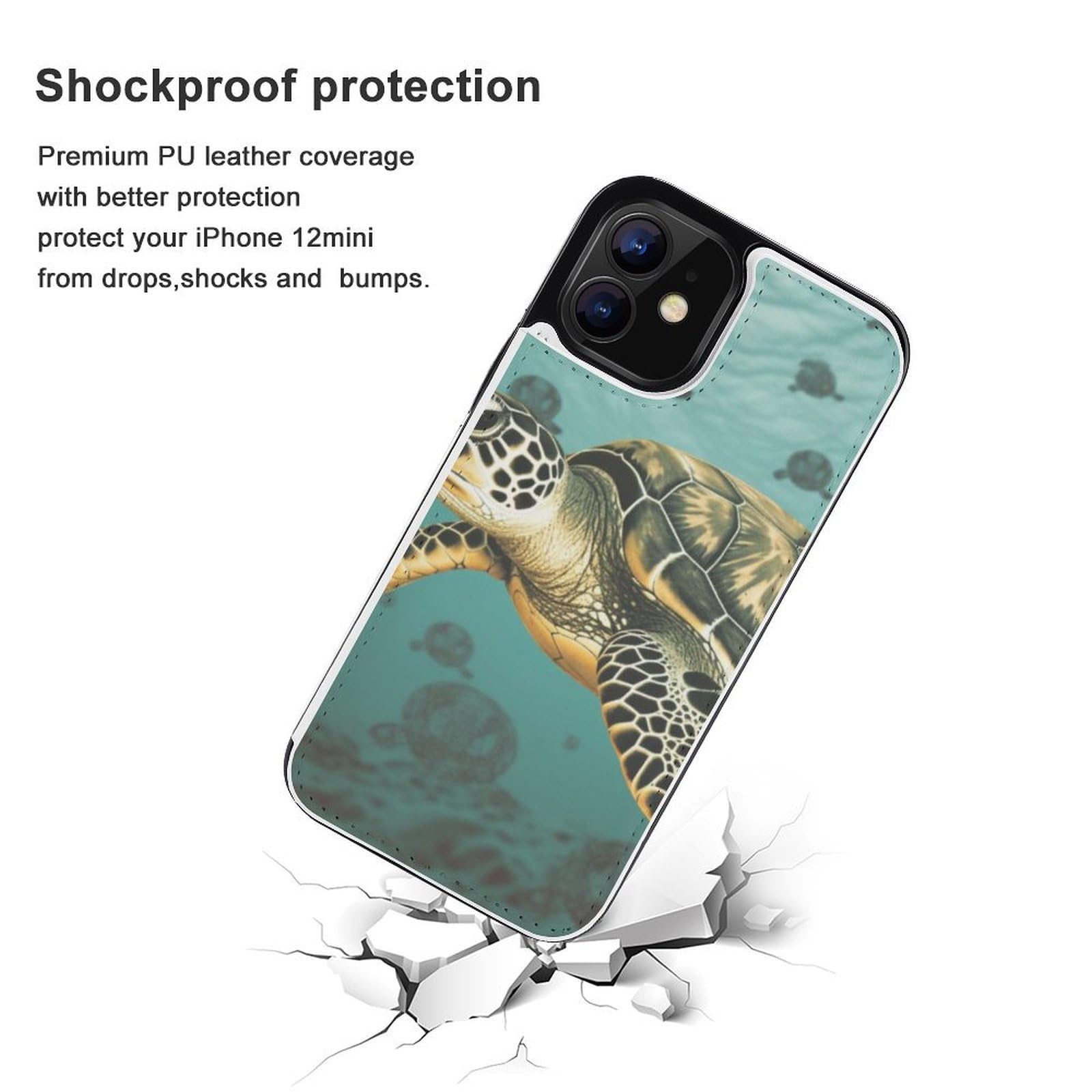 Fundas tipo cartera para iPhone 12 Mini, diseño de tortugas marinas, funda de piel con ranuras para tarjetas