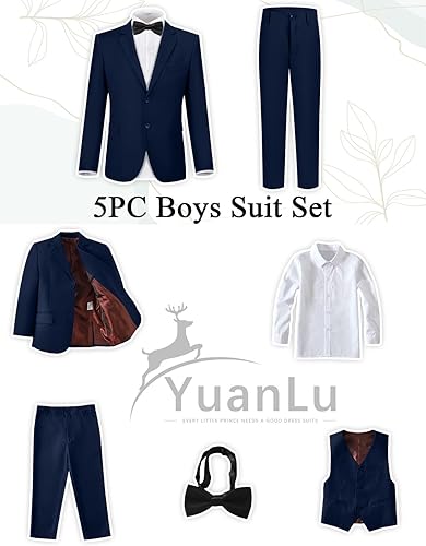 Miniatura 2 de YuanLu Traje para niños, esmoquin para boda, traje de portador de anillos, 5 piezas, traje formal ajustado para niños con cintura ajustable