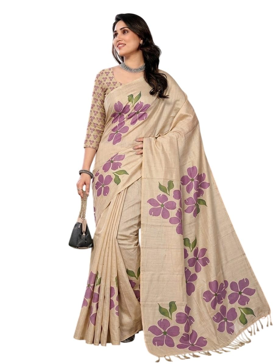 rajeshwar fashion with rf Rajeshwar Fashion (Women's tissue silk saree with digital floral print and latkan work | casual wear | erode silk | lotus flower design | Unstitched blouse |beige-picture-25