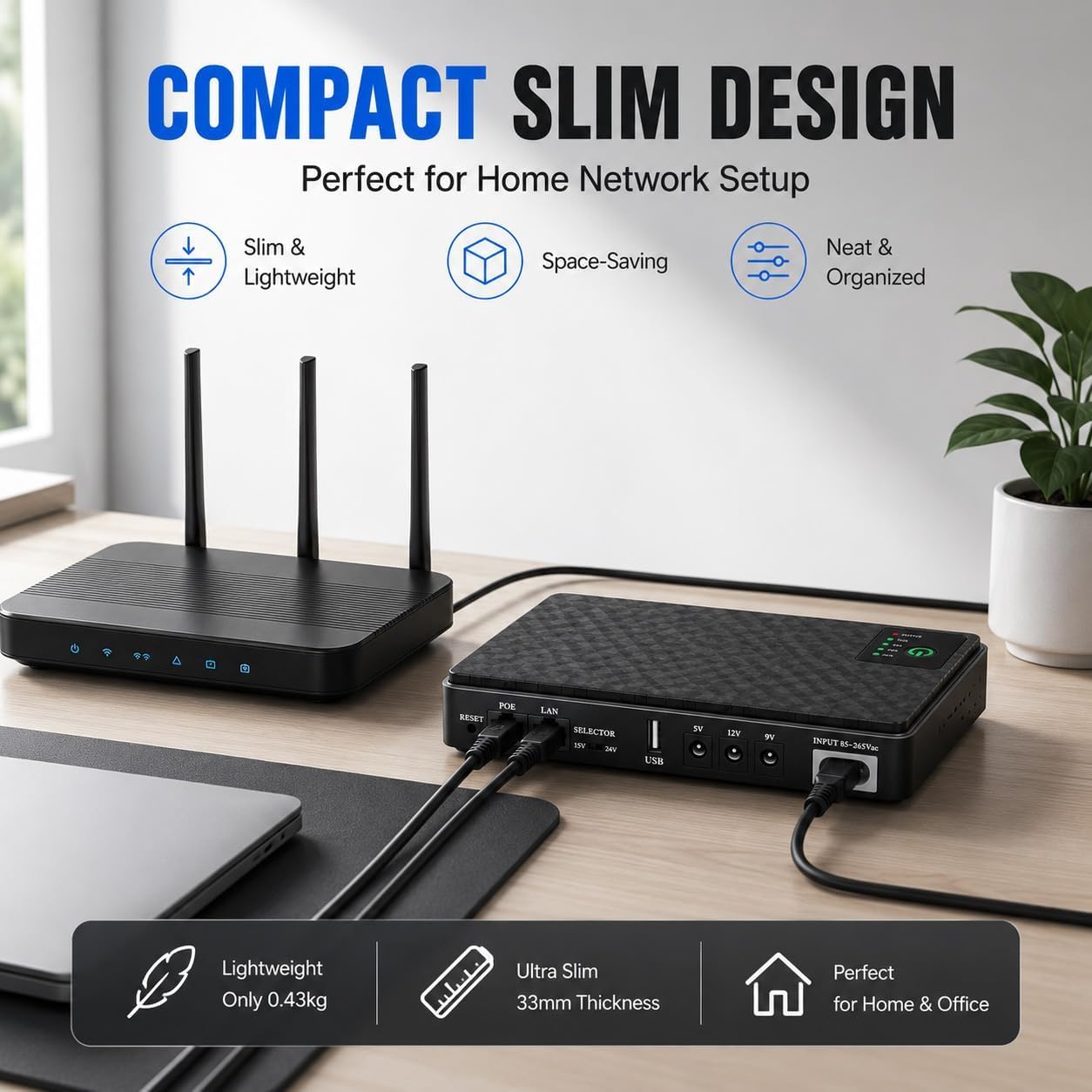 Mini USV batteria di backup per router, batteria integrata da 10400mAh, protezione da sovratensione con PoE, uscita USB 5V/2A, DC 5V/9V/12V,2A, alimentazione di emergenza