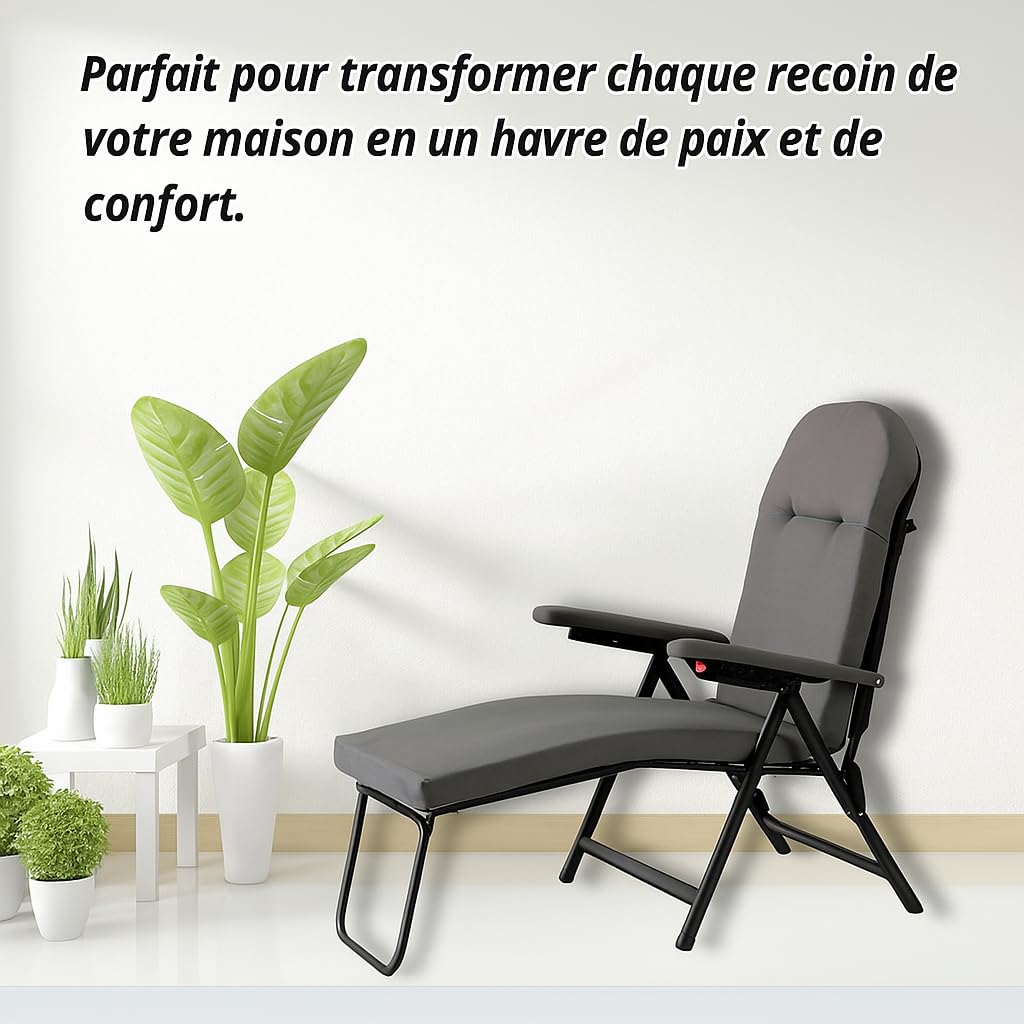 Tomaino - Chaise longue rembourrée extérieure intérieure avec repose-pieds - Fauteuil relax inclinable jusqu'à 180° - Coussin doux pliable pour maison, jardin, balcon (gris)