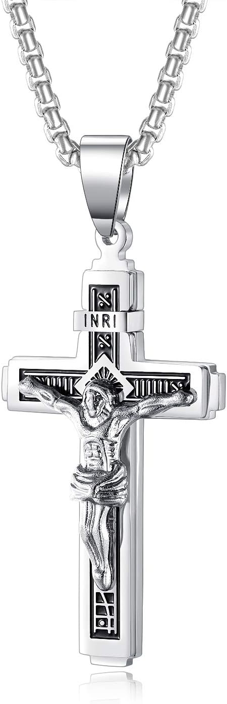 Rockyu Cross Necklace for men Stainless Steel Silver Jesus Cross Pendant Catholic Jesus Christ on INRI Crucifix Christian Jewelry Chain 22 Inch