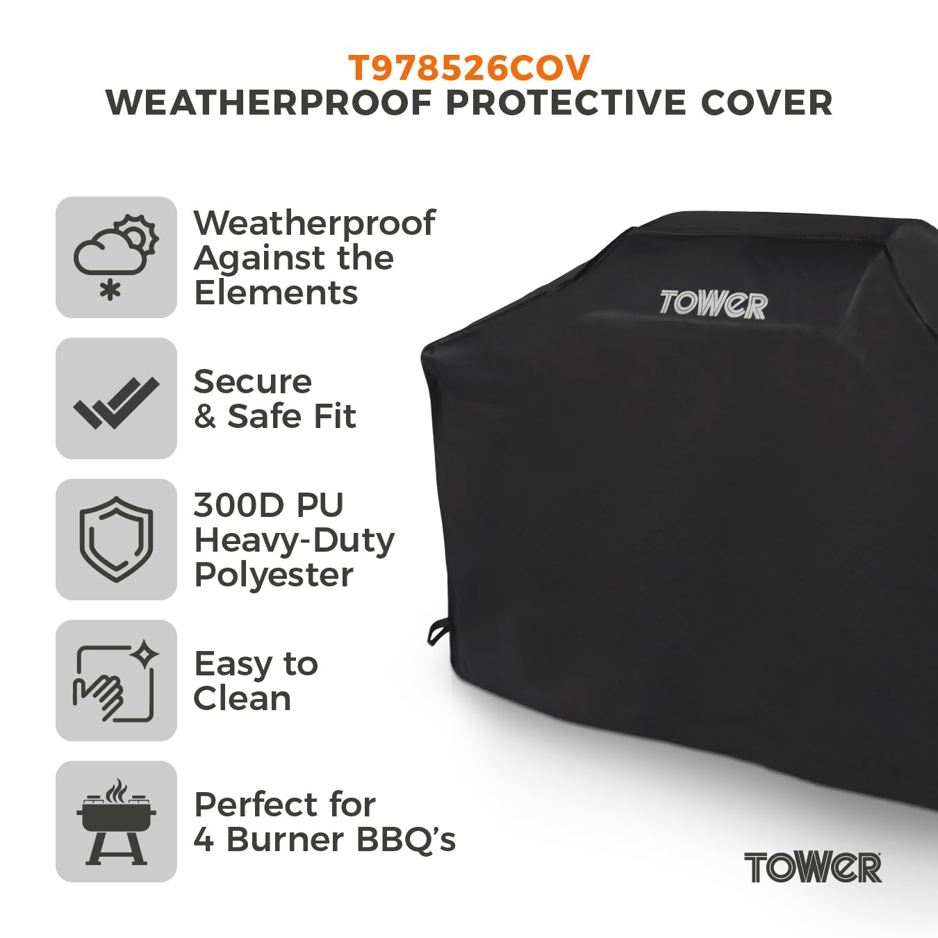 Tower Extra große Grillabdeckung – robuste wasserdichte & Winddichte Outdoor-Gasgrill-Abdeckung, kompatibel mit Weber, Char-Broil & Outback; UV-beständig, Schwarz (H124,8 x B153 x T48cm)