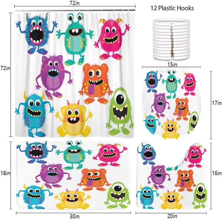 Miniatura 2 de LOKMU Juego de 4 cortinas de ducha con alfombras antideslizantes, cubierta para tapa de inodoro y tapete de baño, diseño de monstruos esponjosos