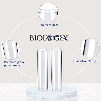100Pcs Biologix Drosophila Vials with Tray, 25 x 95mm Narrow Vials for Drosophila Culture, Disposable Vials Plastic for Observation Polystyrene (PS) Lab Vials with Rack, Combo Package 100 PCS/Pack