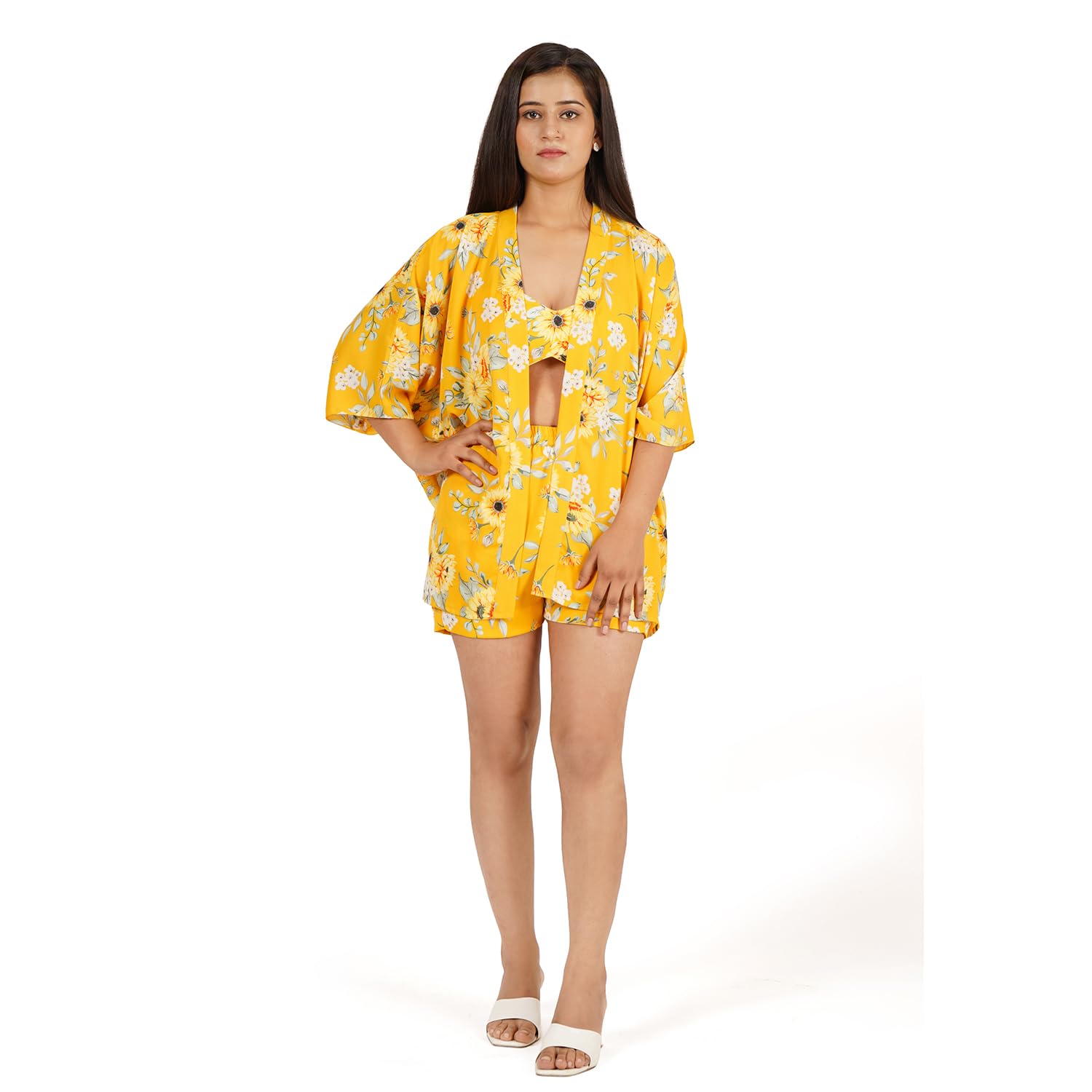 Women Yellow Printed Shorts Elegant Floral Digital Square Neck Half Sleeves Print Bustier Kaftan Jacket