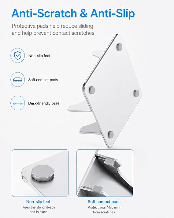 Mac mini M4 Stand - Upright Desk Holder,Vertical Design for Easy Access to Power Button/Space-Saving/Enhanced Heat Dissipation Compatible with Mac mini M4 / M4 Pro | 2024 Mac mini M4 & M4 Pro | Improved Cooling & Wi-Fi| Scratch-Free Silicone | Anti-Slip Base | Space Saving | Silver