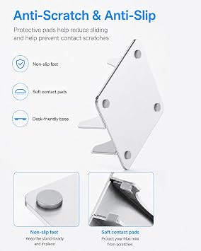 Mac mini M4 Stand - Upright Desk Holder,Vertical Design for Easy Access to Power Button/Space-Saving/Enhanced Heat Dissipation Compatible with Mac mini M4 / M4 Pro | 2024 Mac mini M4 & M4 Pro | Improved Cooling & Wi-Fi| Scratch-Free Silicone | Anti-Slip Base | Space Saving | Silver