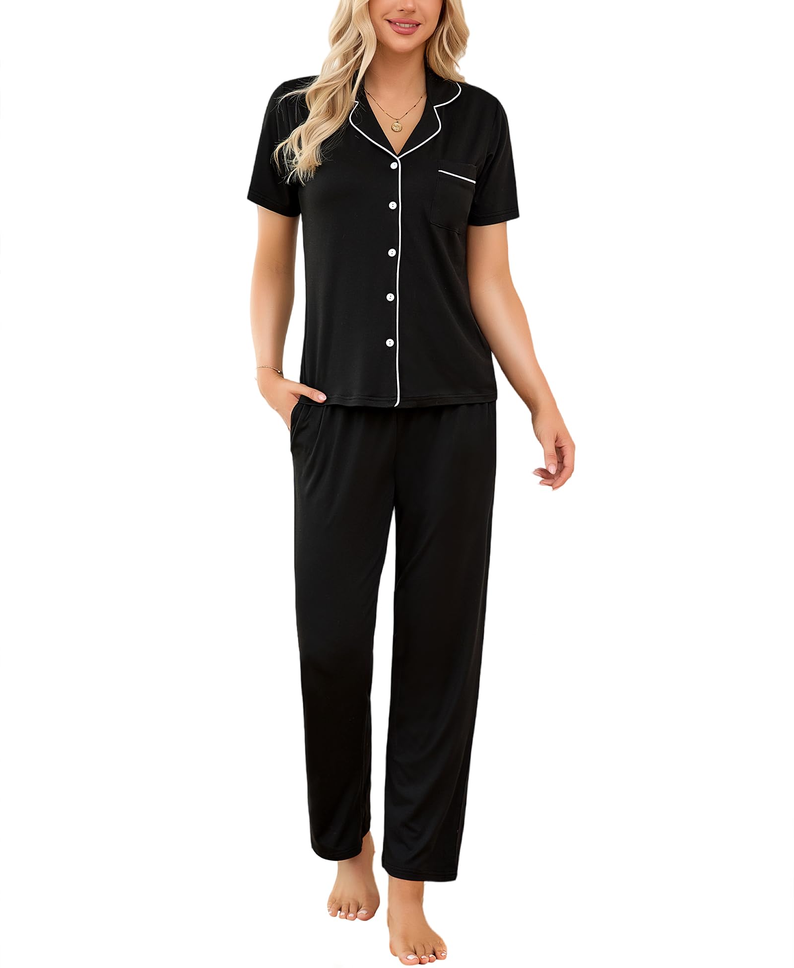 LUSLOVE Schlafanzüge Damen Pyjamas Set - Kurzarm Nachtwäsche Zweiteiliger mit Lang Pyjamahose