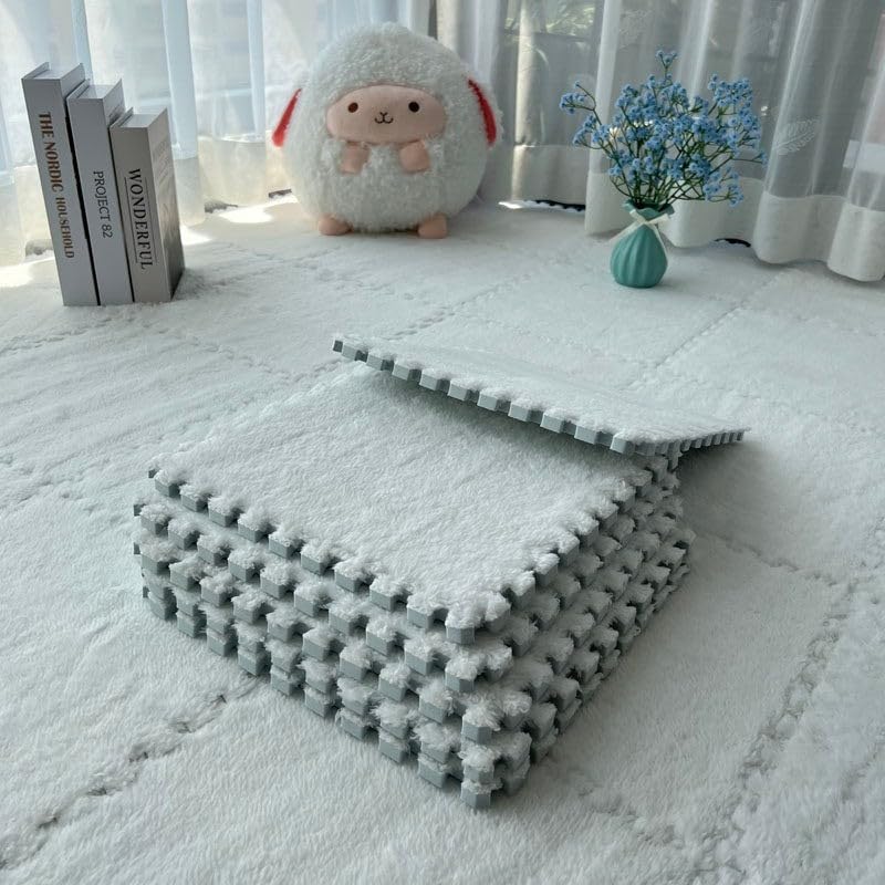 Plush Foam Floor Mats, 10pcs Interlocking Carpet Tiles with Edge Binding, Soft Flannel Foam Flooring for Nursery Playroom, to Fit Bedroom Area Rugs, Washable Floor(White)