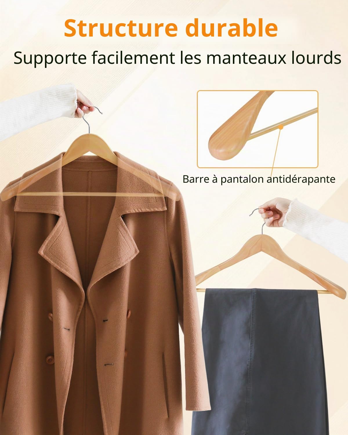 Hangerman Lot de 10 Cintres de Luxe en Bois Massif Naturel 44.5cm, de Épaules Larges, pour Manteau Costume Veste, avec Barre Ronde Antidérapante