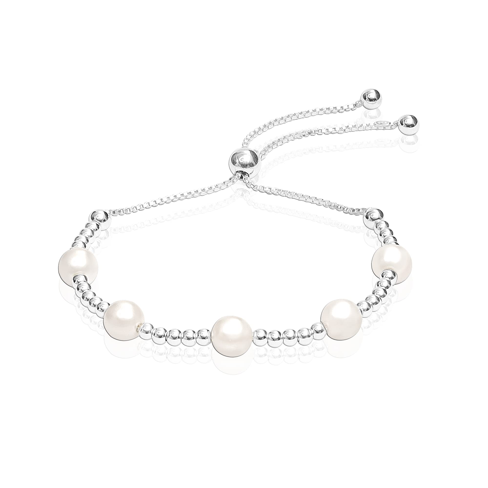 Amazon Brand - Nora Nico 925 Sterling Silver BIS Hallmarked Jewelry Pearl Sliding Bolo Bracelet for Women