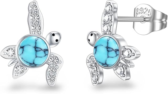 Sea Turtle Earrings for Women 925 Sterling Silver Blue Turquoise Earrings Dangly Cute Turtle Drop Earrings Jewellery Gifts for Girls Kids