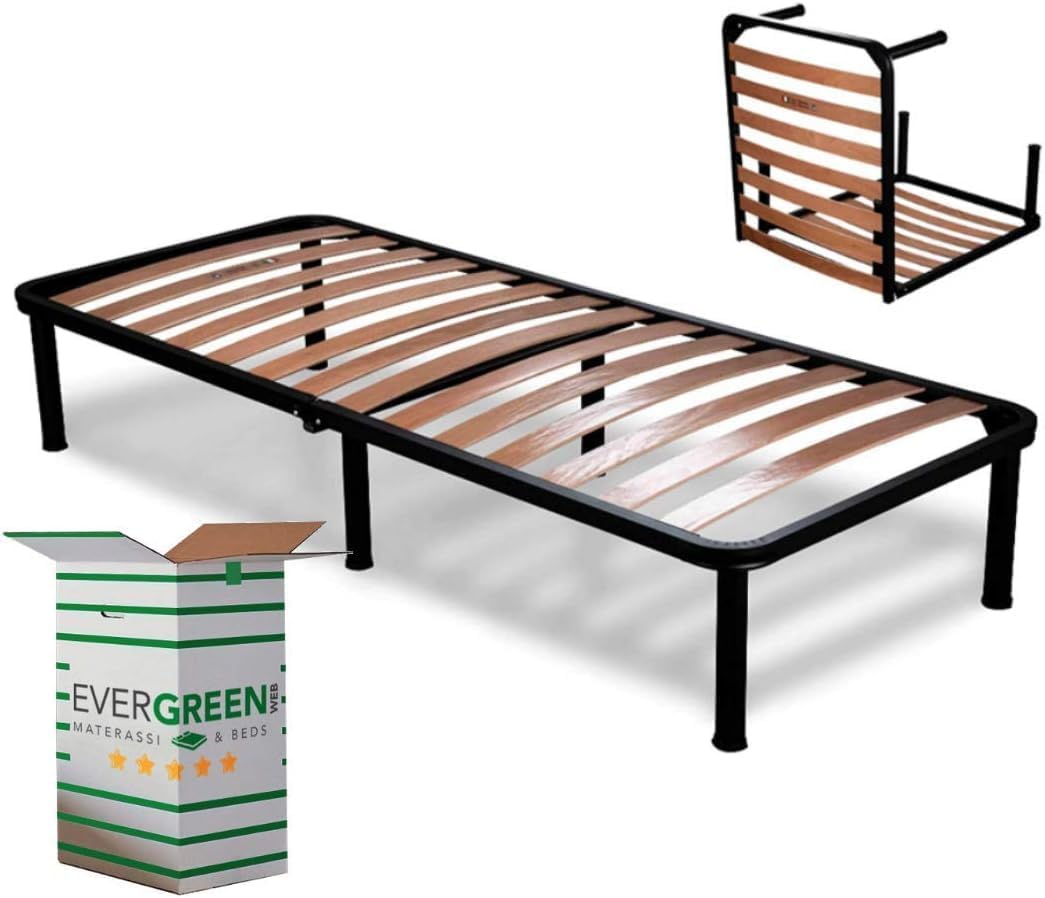 Evergreenweb Single Bed Frame 75 x 190 cm with Orthopaedic Wooden Slats with 6 Removable Feet, Reinforced Iron Support, Space-Saving Folding Base for All Beds and Mattresses