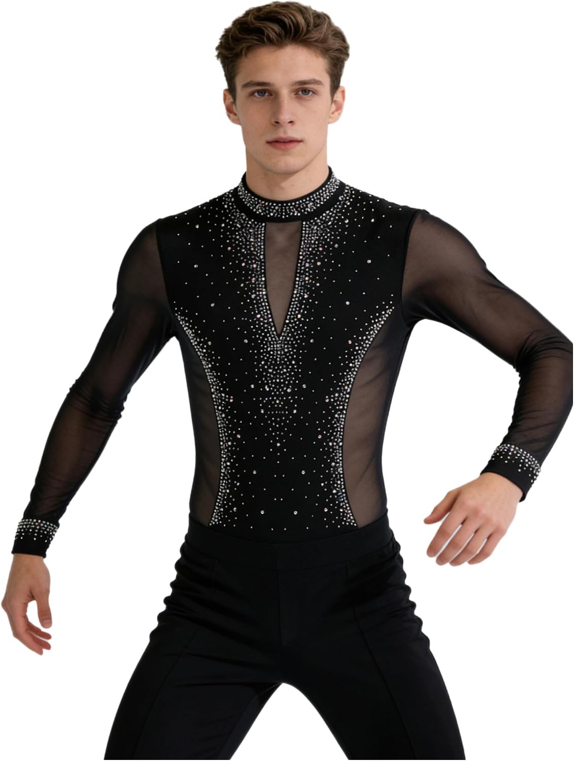Freebily Men's Latin Dance Costume Long Sleeve Ballroom Dance Leotard Tango Jazz Bodysuit Tops