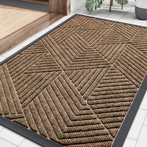 Smiry Front Door Mat Outside Entrance, Heavy Duty Sturdy Natural Rubber Doormat, Trap Dirt and Moisture, Easy Clean Low Profile Mats for Indoor Outdoor Entry, Irregular Triangle (29.5x17, Brown)