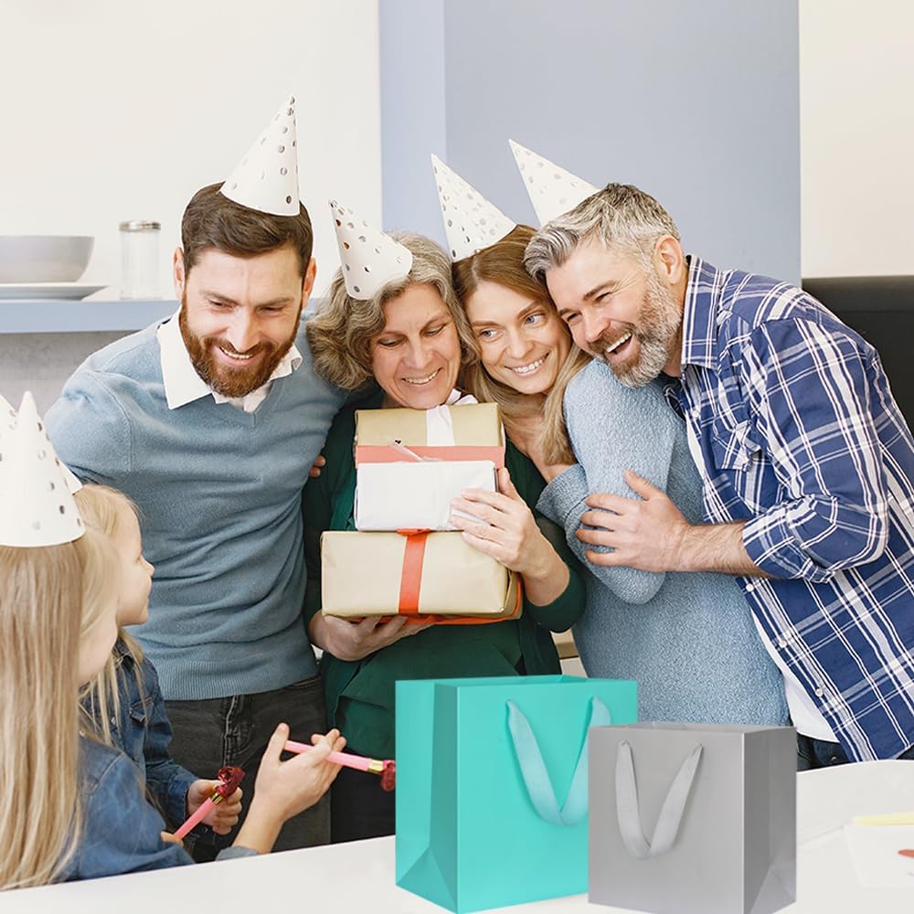 KEYYOOMY Teal Blue Gift Bags with Handles, Square Body Wide Bottom Kraft Paper Gift Bags Party Favor Bags for Wedding Birthday Christmas Shopping Business (10CT, 10x10x5 in, Teal Blue)