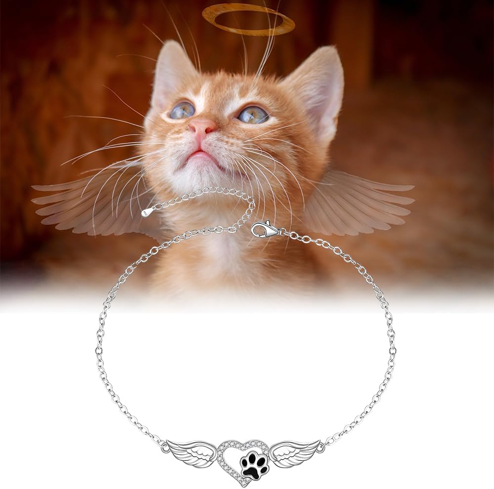 Fenthring Paw Print Ankle Bracelet Paw Anklet Sterling Silver Dog Paws Print Bracelet for Women Angel Wings Adjustable Foot Jewelry Memorial Cat Dog Mom Lover Gifts
