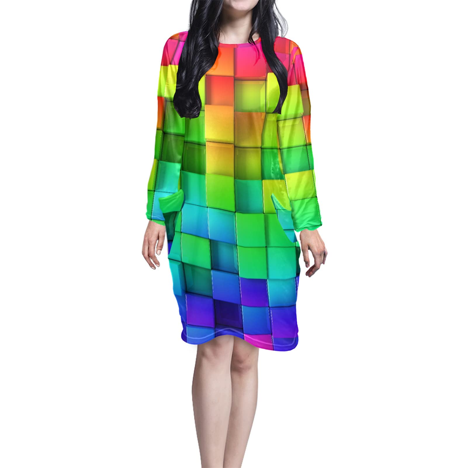 Binienty Camisones coloridos para mujer, 100% poliéster, suave, ligero, manga larga, con bolsillos, cuadrados 3D impresos