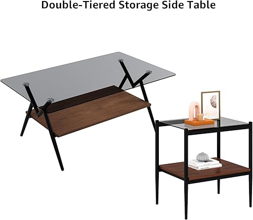 Miniatura 6 de Juego de mesa auxiliar y mesa auxiliar de 3 piezas, marco de metal negro, mesa auxiliar superior de cristal, estante superior cuadrado, mesas