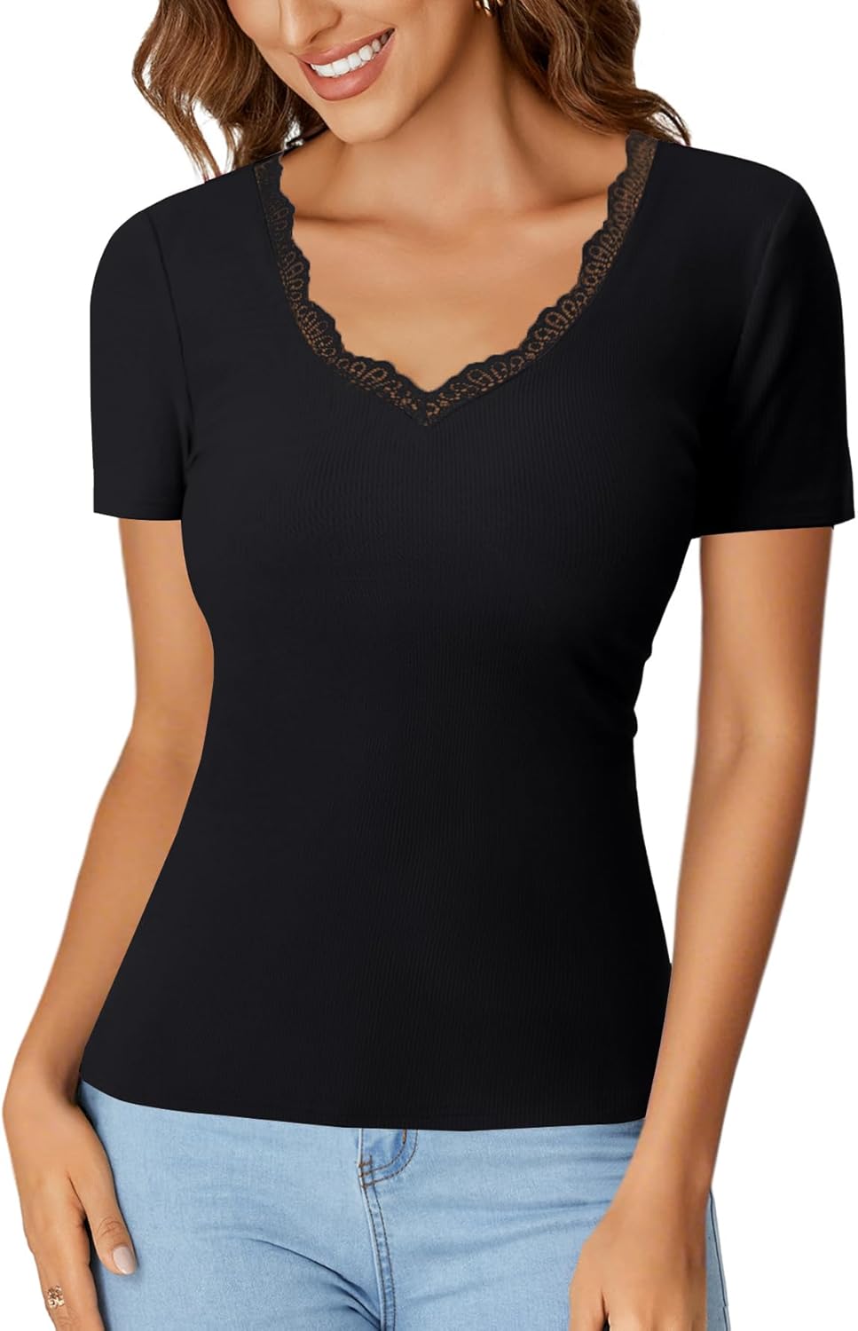 Rooscier Women's V Neck Ribbed Knit Short Sleeve Lace Slim Fit Sexy Going Out T Shirt Top - Image 2