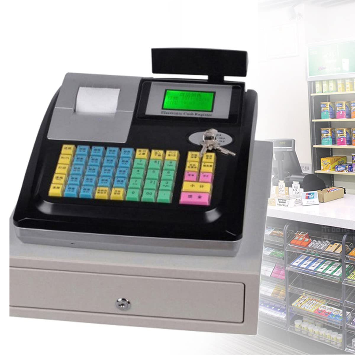 TPV Electrónico Caja Registradora con 48 Teclas,8 LED Digital Caja Registradora con Bandeja de Dinero Extraíble e Impresora Térmica,Black-220V