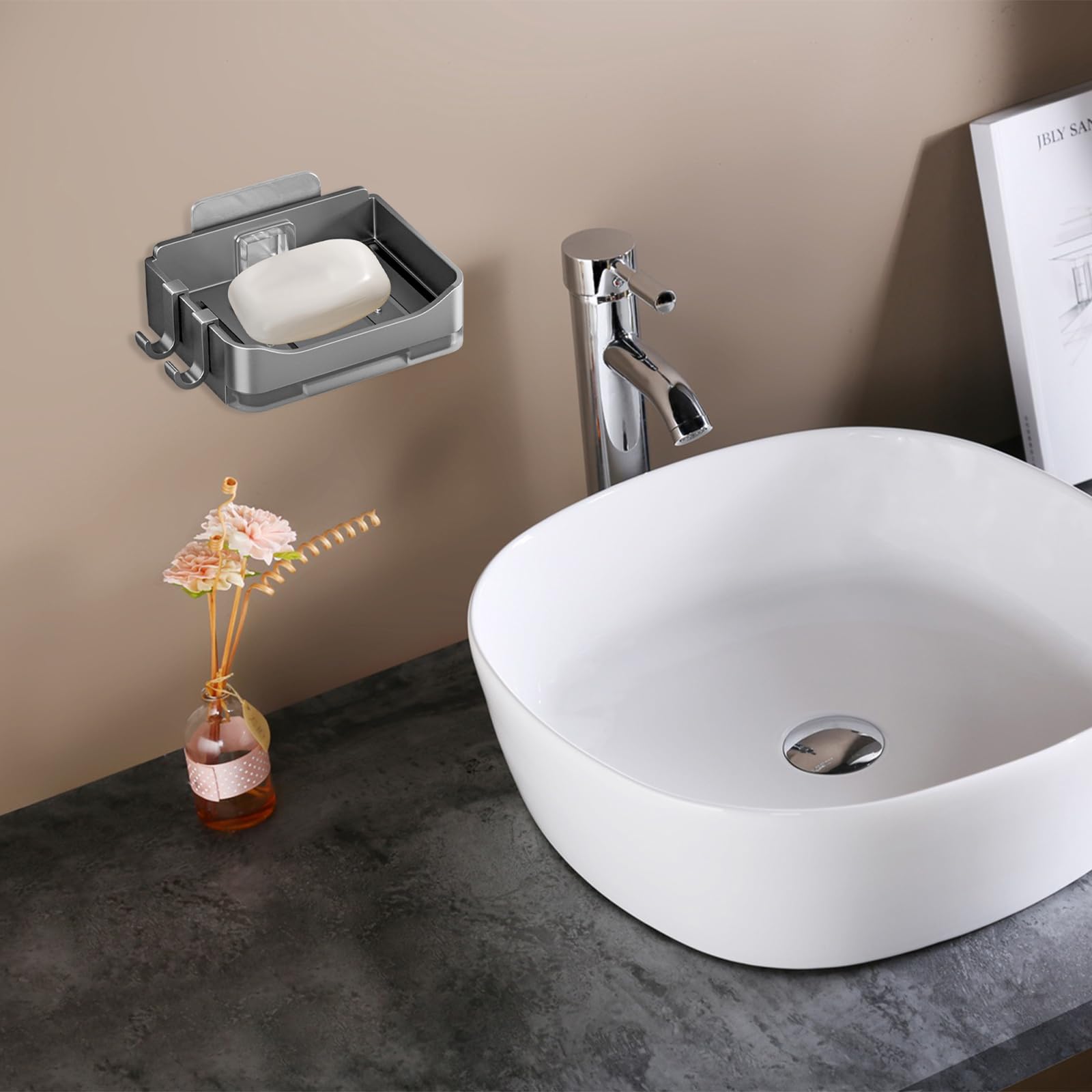 Lot De 2 Porte-Savon Mural Adhésif Gris – Support Douche ABS Sans Perçage Avec Crochet Et Égouttoir, Idéal Salle De Bain, Cuisine & WC