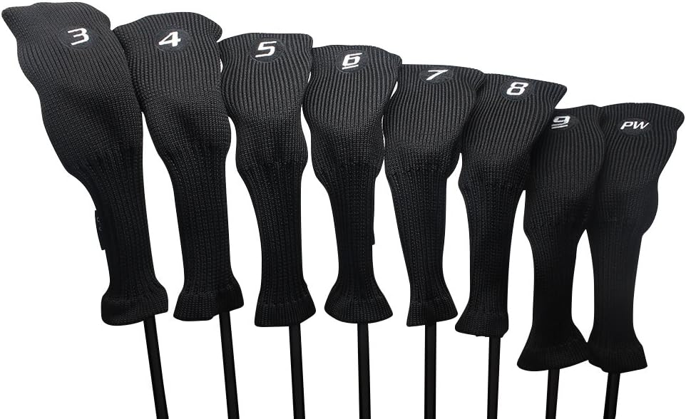 All Hybrid Head Cover Golf Club Black Sleek Tight Fit Headcover Set 3-PW Acrylic Head Covers 3 4 5 6 7 8 9 PW Easy to See Large White Embroidered Numbers