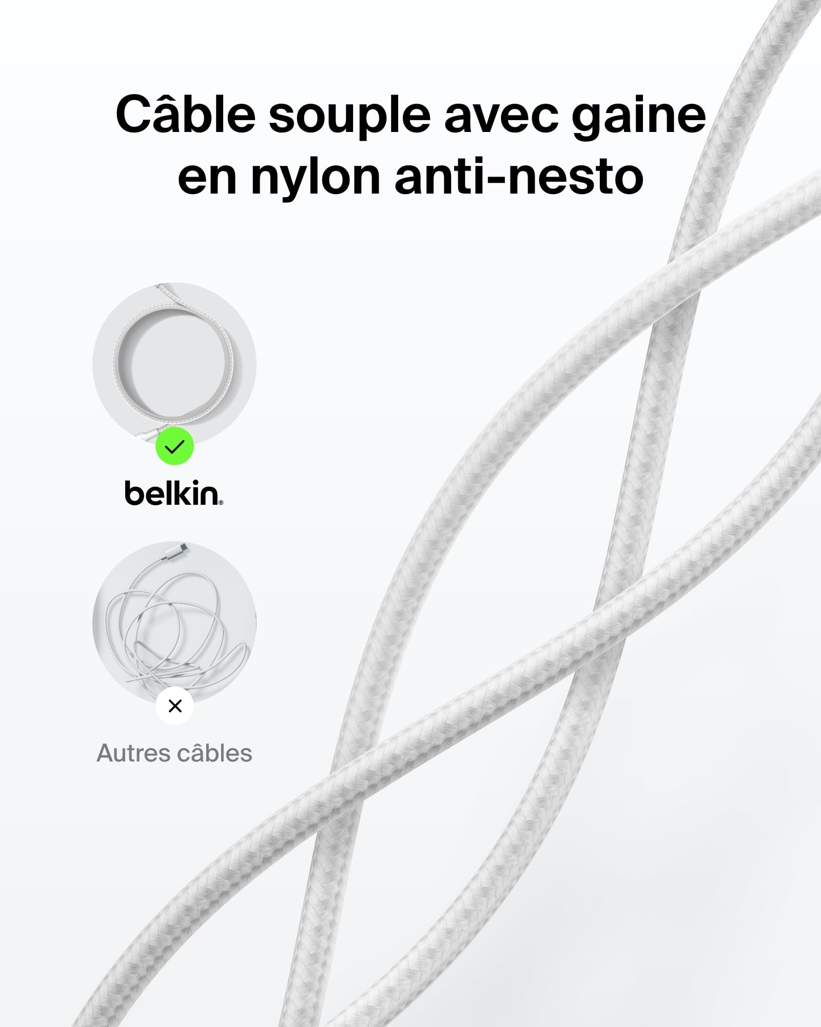 Belkin Eco Câble USB-C vers USB-C avec gaine tressée, 3 m, 240 W, doux au toucher, souple, Câble de recharge rapide, pour iPhone 16, Galaxy S25, Pixel 9, MacBook, iPad Pro, etc. - Blanc (USB 2.0)
