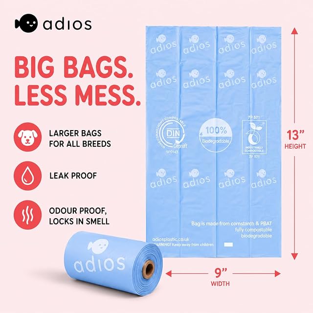 Foto 2 de 8 de Adios - Bolsas compostables para excrementos de perro, 120 unidades (8 rollos), colores arcoíris, extra…
