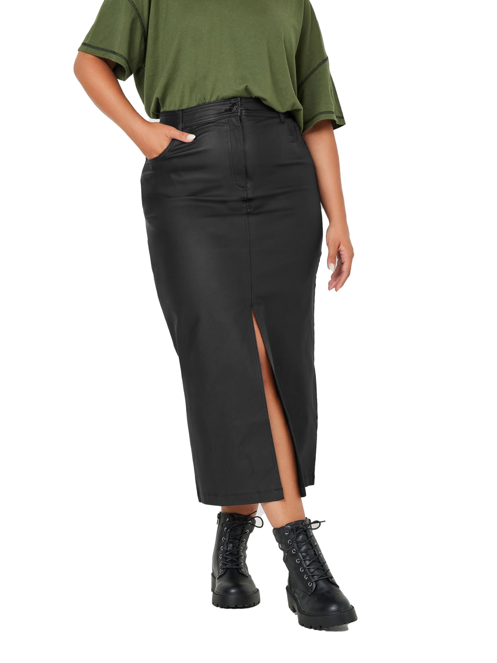 Yours Women's Black Curve Coated Split Hem Midaxi Skirt - Plus Curve 20 Plus
