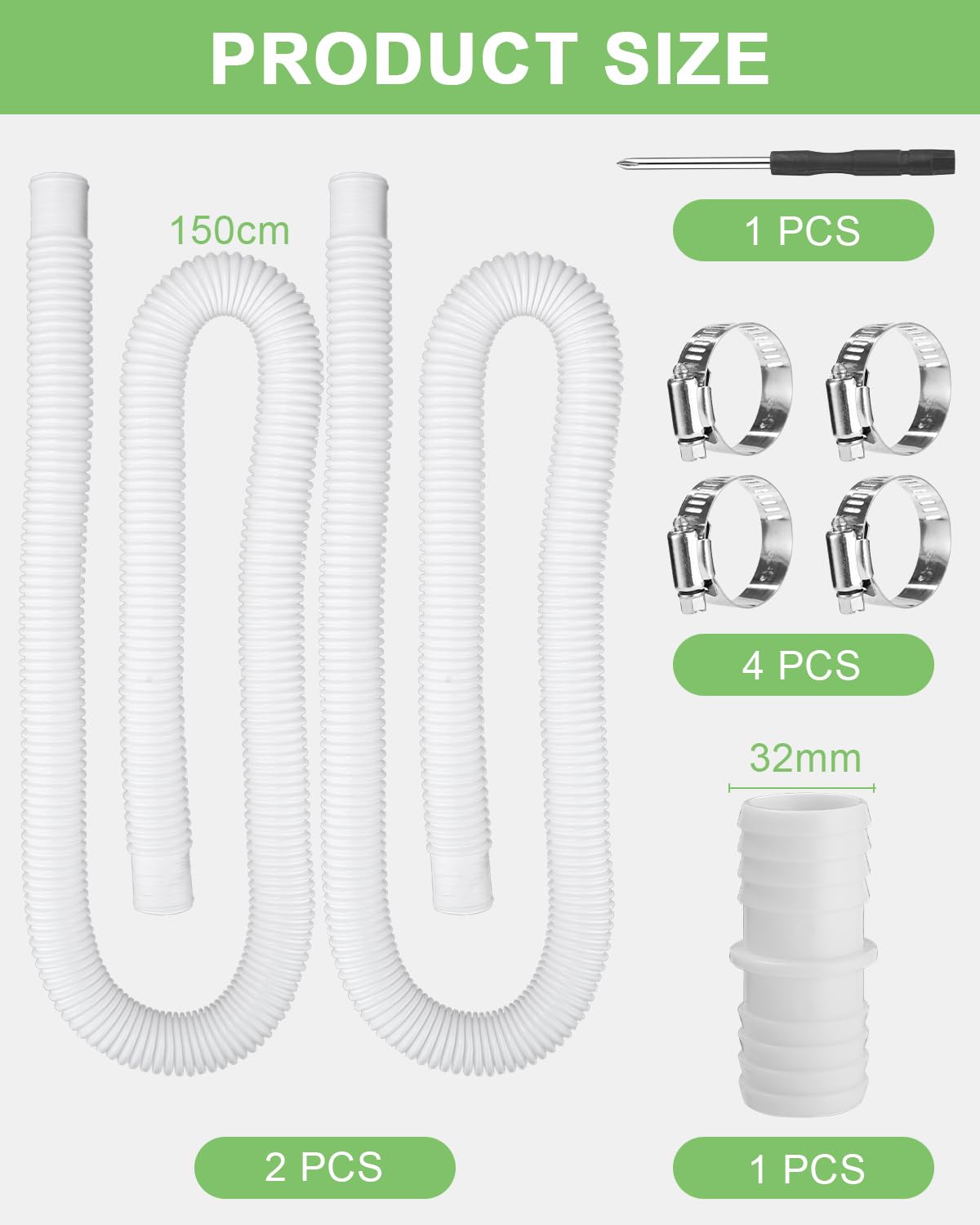 2 sztuki węża basenowego 32 mm, wąż basenowy 150 cm, wąż basenowy z 4 zaciskami zabezpieczającymi i 1 łącznikiem, wąż do pompy basenowej przeznaczony do pompy filtrującej i basenu