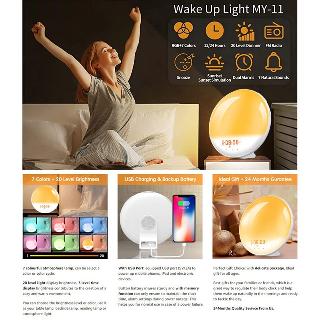 Wake Up Light Sveglia, Simulazione Alba/Tramonto, 7 Colori / 4 Sveglie/Radio FM/Snooze, Luce Notturna a Controllo Tattile, Ideale per Bambini e Adulti