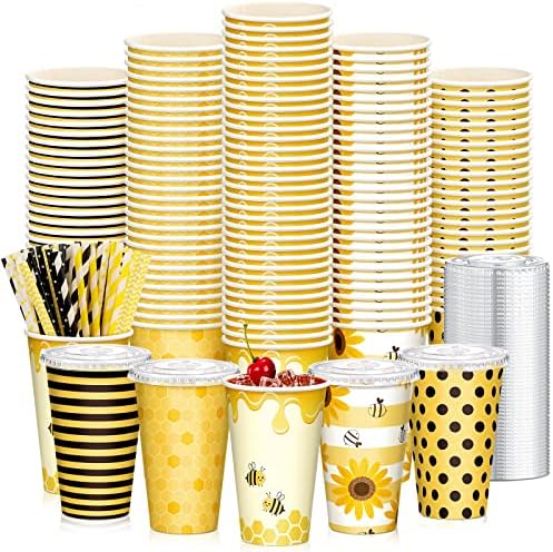 Amazon.com: 150 Pieces/ 50 Sets Bee Cups with Lids and Paper Straws ...