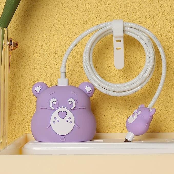 Image of Cartoon 3D Design Protective Case for 18W 20W iPhone 16 1514 13 12 11 Pro Max Fast Charging Cable Adapter Charger, Cute Cartoon Lightning Data Cable Case for iPhone Charger Purple-bear